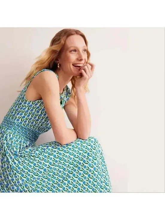Boden THEA Floral Smocked MIDI SLEEVELESS Women 4 GREEN TAMBOURINE DAISIES - Picture 2 of 9